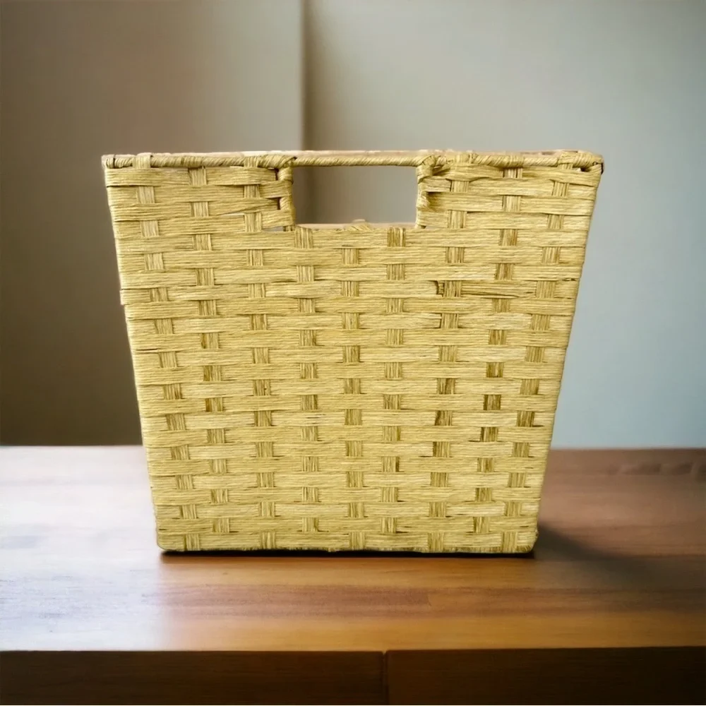 Yellow Woven Cord Tote Basket With Handles